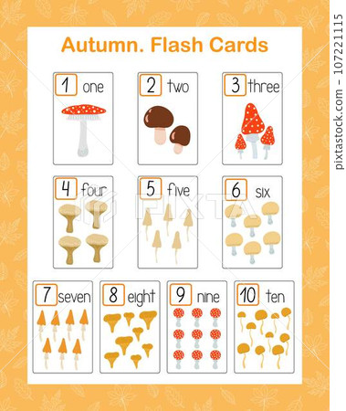 Autumn mushrooms, Thanksgiving English vocabulary learning printable flash cards, educational holiday worksheet for kids, nursery, kindergarten, pre-school or leisure activity, teacher resources, game 107221115