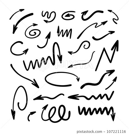 Arrows set simple hand drawn vector illustration, free form curved, straight signs pointing different directions 107221116