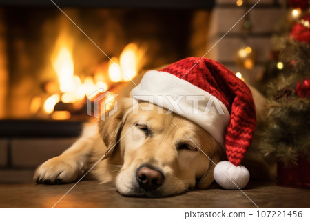 A dog Labrador retriever wearing a Santa hat, nestled by the Christmas fireplace, exuding a cozy holiday vibe. Generative Ai. 107221456