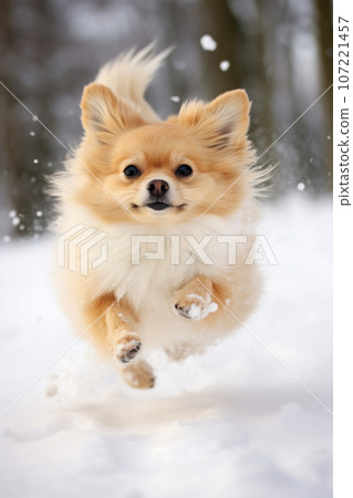 A fluffy doggy running in the snow. Generative Ai. 107221457