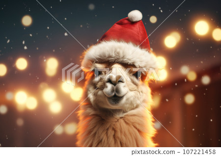 Alpaca in Christmas hat interacts with glowing Christmas lights, portraying the magic of season. Generative Ai. 107221458