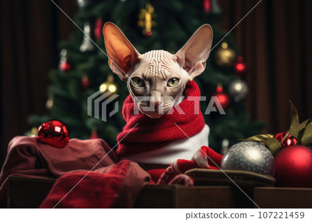 Canadian Sphynx in a sweater on Christmas background. Generative Ai. 107221459