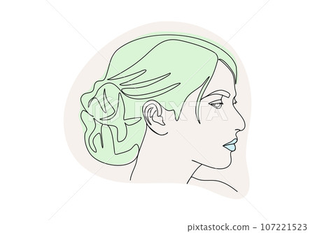 Portrait of young woman. One line drawing colored with pastel colors. Vector illustration. 107221523