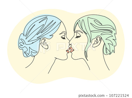 Two girls kiss. One line drawing colored with pastel colors. Vector illustration. 107221524