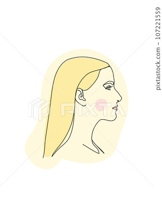 Portrait of young woman. One line drawing colored with pastel colors. Vector illustration. 107221559