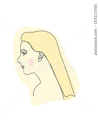 Portrait of young woman. One line drawing colored with pastel colors. Vector illustration. 107221560