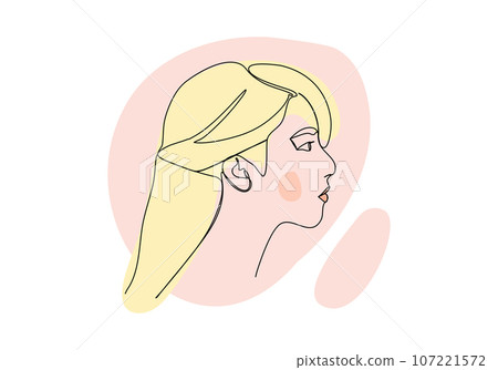Portrait of young woman. One line drawing colored with pastel colors. Vector illustration. 107221572