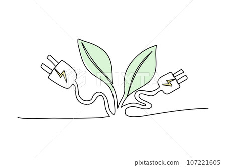 Plant with plug on the place of flower. One line drawing colored with pastel colors. Vector illustration. 107221605