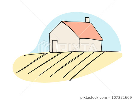 Farm and fields one line drawing colored with pastel colors. Vector illustration. Farm and fields one line drawing colored with pastel colors. Vector illustration. 107221609