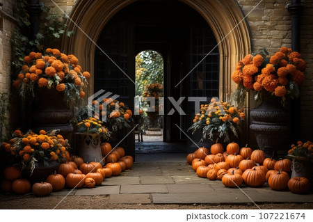 Pumpkins and flowers, rustic decoration of exterior building outdoors. AI generated. Pumpkins and flowers, rustic decoration of exterior building outdoors. AI generated. 107221674