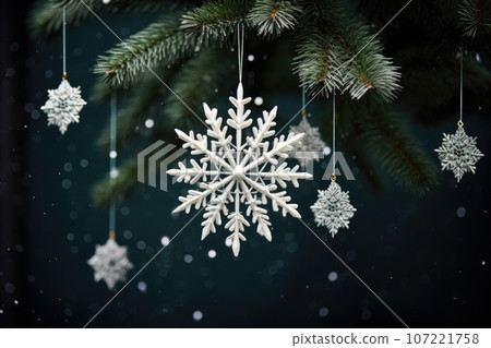a christmas tree with hanging snowflake shaped ornaments 107221758