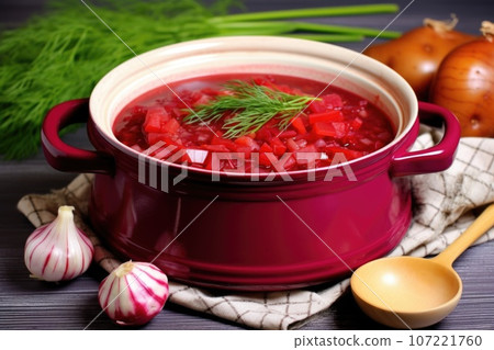 russian borscht in a white ceramic bowl russian borscht in a white ceramic bowl 107221760