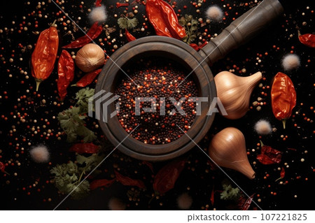 top view of a stone mortar with exploding peppercorns 107221825