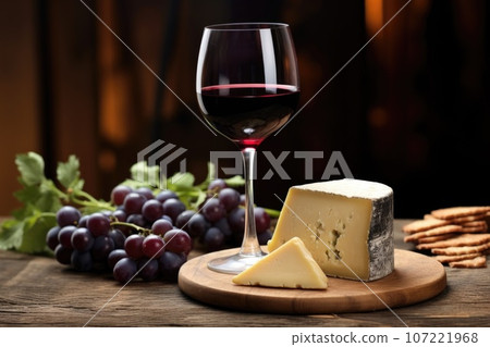 a glass of red wine next to a block of cheese on a rustic table 107221968