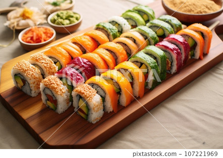 raw sushi rolls arranged on a wooden platter 107221969