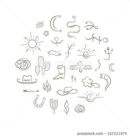 Round shape frame with wild west vector illustrations, icons. Simple western ornament. Round shape frame with wild west vector illustrations, icons. Simple western ornament. 107221975