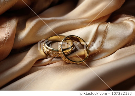 two wedding rings intertwined on a silk fabric 107222153