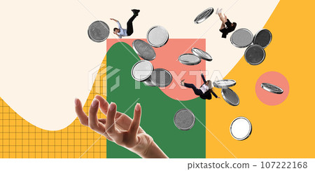 Challenging work. Business people, employees falling down with many coins,. Taking professional risks. Contemporary art collage. Challenging work. Business people, employees falling down with many coins,. Taking professional risks. Contemporary art collage. 107222168