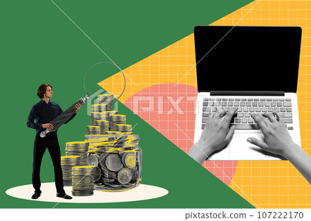 Young guy working online with financial analytics and crypto business, Contemporary art collage. Young guy working online with financial analytics and crypto business, Contemporary art collage. 107222170