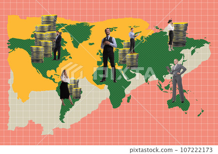 Trading all around the world. Business people, partners working on company development and financial growth. Contemporary art collage. Trading all around the world. Business people, partners working on company development and financial growth. Contemporary art collage. 107222173