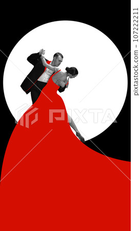 Love and passion. Elegant young woman and handsome man dancing romantic dance over abstract background. 107222211