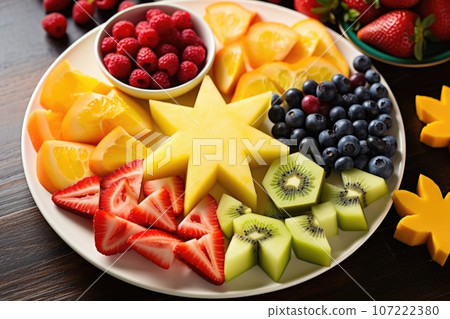 a plate of colorful fruits cut into fun shapes a plate of colorful fruits cut into fun shapes 107222380