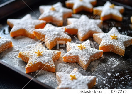 close-up of sugar-dusted, star-shaped cookies on a baking tray 107222501