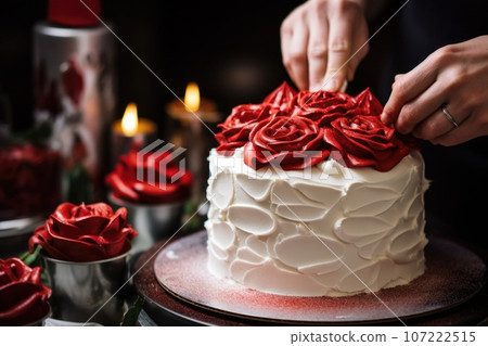 piping bag applying icing decorations to a christmas cake 107222515