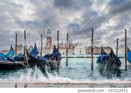 Moored Gondolas during High Tide at the St Marks Square, Venice 107222611
