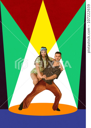 Artistic, talented, beautiful people, man and woman dancing over colorful abstract background 107222639