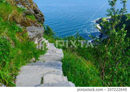 Stone stairs to the top of Reinebringen. Touristic path to the Reine viewpoint, Reine, Norway. 107222640
