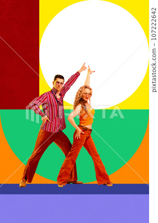 Artistic and expressive couple, stylish man and woman dancing, making performance over colorful abstract background Artistic and expressive couple, stylish man and woman dancing, making performance over colorful abstract background 107222642