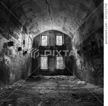 Inside Austrian fortress Landro in the Dolomite Alps of South Tirol, an architectural remain of the border disputes between Austria and Italy 107222730
