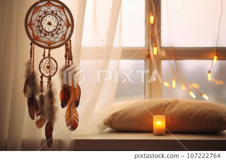 handmade dream catcher hanging in a softly lit room 107222764