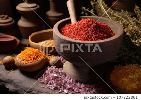 a close-up of a stone mortar and pestle grinding saffron threads 107222861