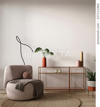 Boho beige livingroom with armchair, palm plants and lamps background. Light modern japanese nature view. 3d rendering mock up. High quality 3d illustration Boho beige livingroom with armchair, palm plants and lamps background. Light modern japanese nature view. 3d rendering mock up. High quality 3d illustration 107222868