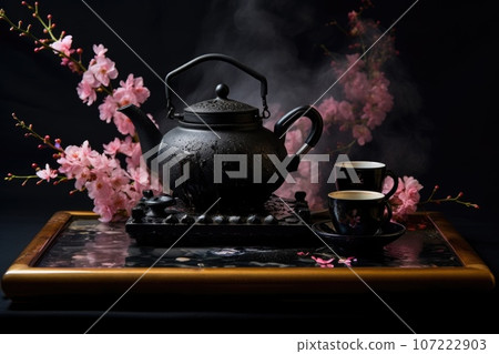 a black japanese teapot on a lacquered tray with steaming tea 107222903