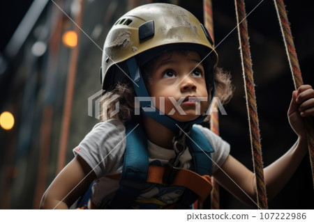 a child wearing a helmet and harness on a climbing wall 107222986
