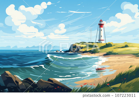 Lighthouse on the rocky shore 107223011