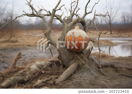 discarded tree with a single broken ornament discarded tree with a single broken ornament 107223410