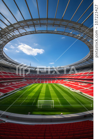 view of the football stadium. an empty football field. Sport view of the football stadium. an empty football field. Sport 107223427