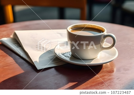cup of delicious morning coffee and a fresh newspaper on the table 107223487