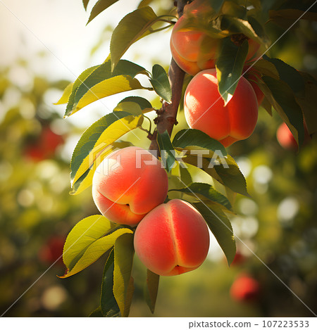 Ripe juicy fruits of peaches hang on a branch of a peach tree in a sunny garden Ripe juicy fruits of peaches hang on a branch of a peach tree in a sunny garden 107223533