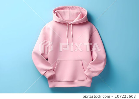 pink hoodie on anblue background, mock up. Blank hooded sweatshirt mockup pink hoodie on anblue background, mock up. Blank hooded sweatshirt mockup 107223608