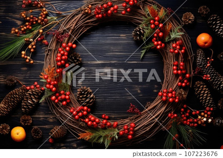 berries and pine cones scattered around an unfinished solstice wreath 107223676