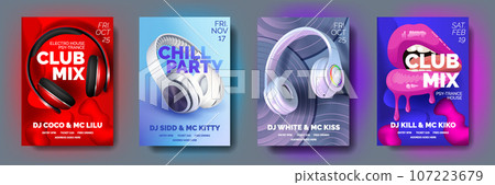 Set of Club posters with headphones, dance party, fluid design flyer, invitation, banner template, dj music event, colorful white, red, blue and pearl headphones and lips, vector illustration Set of Club posters with headphones, dance party, fluid design flyer, invitation, banner template, dj music event, colorful white, red, blue and pearl headphones and lips, vector illustration 107223679