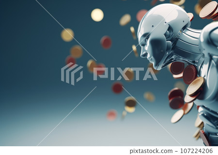 Pile of falling casino chips and robot on blue background, copy space, banner 107224206