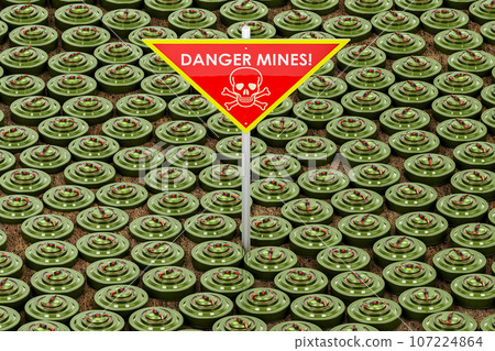 Mines with danger mines sign, 3D rendering Mines with danger mines sign, 3D rendering 107224864