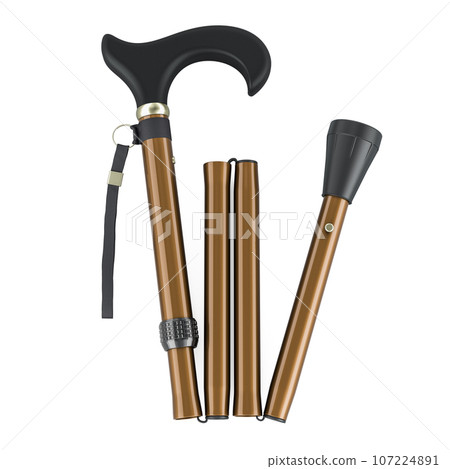 Height Adjustable Folding Cane, Walking Stick with Strap. Telescopic Shockproof Walking Stick. 3D rendering Height Adjustable Folding Cane, Walking Stick with Strap. Telescopic Shockproof Walking Stick. 3D rendering 107224891