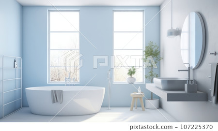 Interior of modern luxury scandi style bathroom with window and white walls. Free standing bathtub, countertop sink on white wall-hung cabinet, wall mirror. Contemporary home design. 3D rendering. 107225370